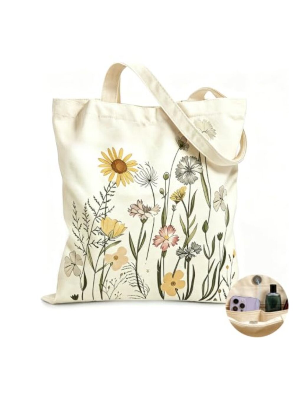 Floral Canvas Tote Bag Cotton Shoulder Bag Zip Travel Grocery